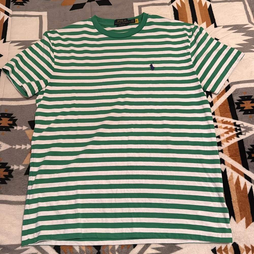 Green and White Striped Polo Ralph Lauren Tee-Shirt Size S